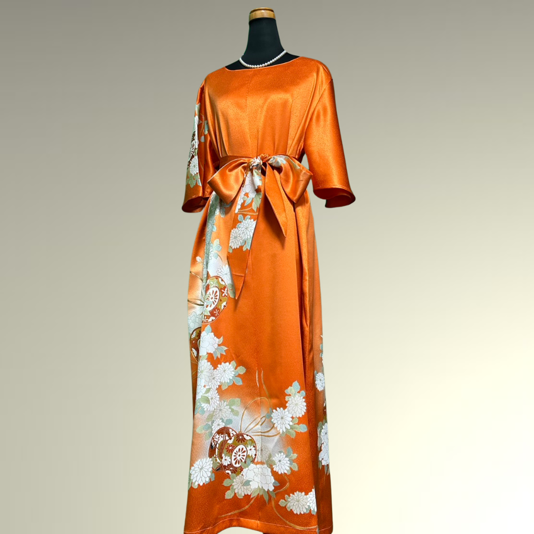 Furisode Kimono Dress with Embroidered Drum and Peony Motifs