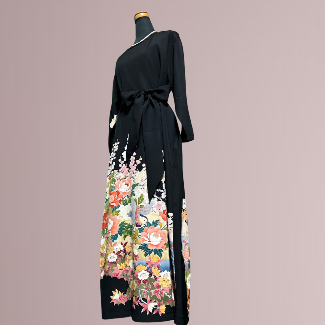 Black Ro Furisode Artisanal Peony and Lovebirds Pattern Kimono Dress