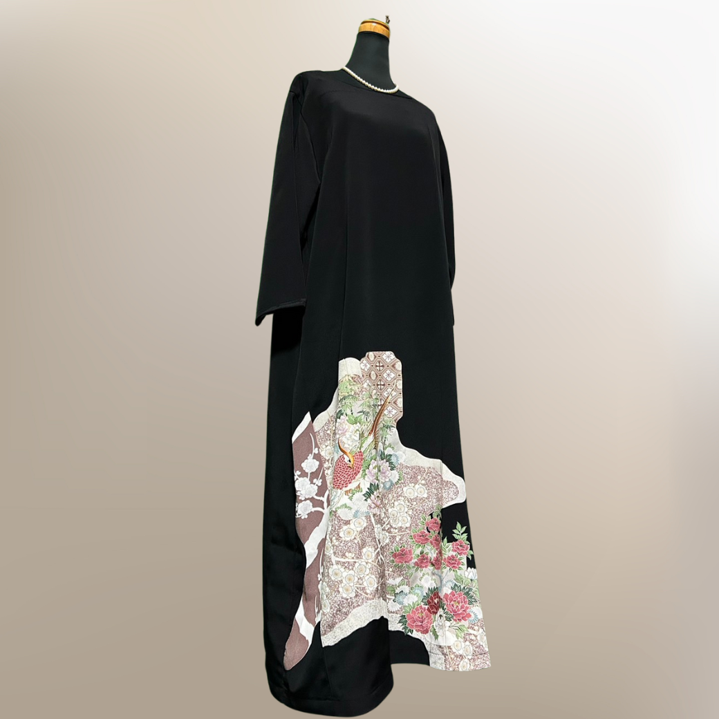 Black Ro Furisode Peacock, Peony, and Plum Blossom Pattern Kimono Dress