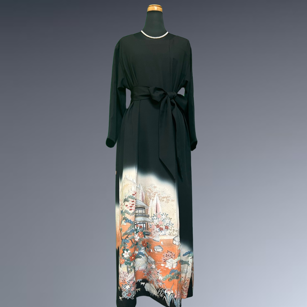 Black Ro Furisode Artisanal Silver Pavilion with Flowers Kimono Dress