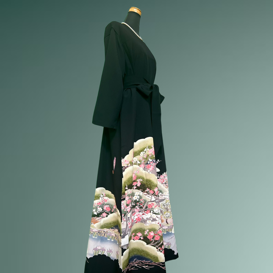 Black Ro Furisode Artisanal Plum and Nijo Castle Kimono Dress