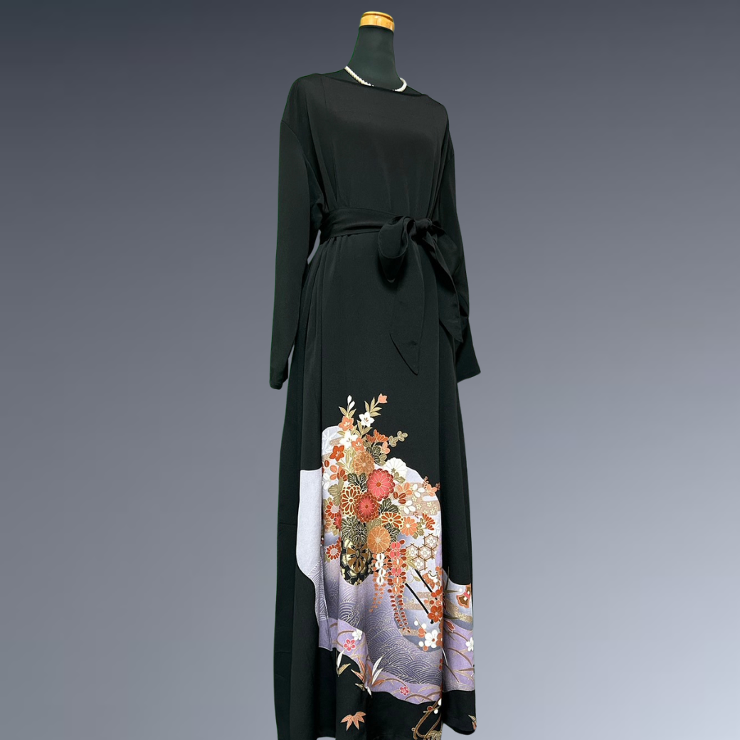 Black Ro Furisode Ripple Pattern and Flower Cart Kimono Dress