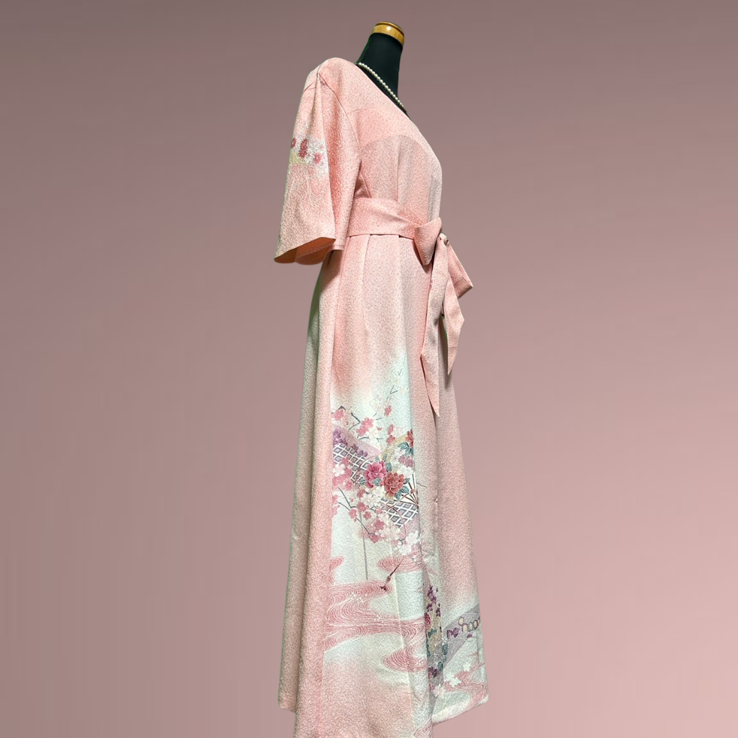 Tsukesage Kimono Dress with Dancing Fans and Flowing Water Pattern