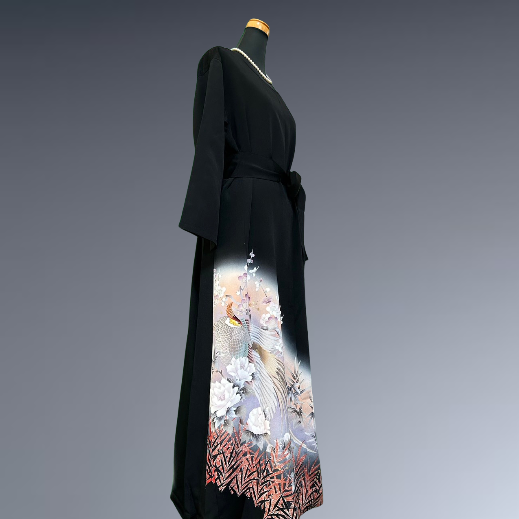 Black Ro Furisode Long-tailed Bird, Peony, and Plum Blossom Kimono Dress