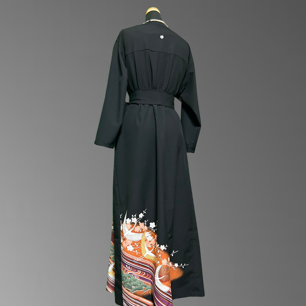 Black Ro Furisode Crane and Pine Plum Kimono Dress with Kabuki-Inspired Colors