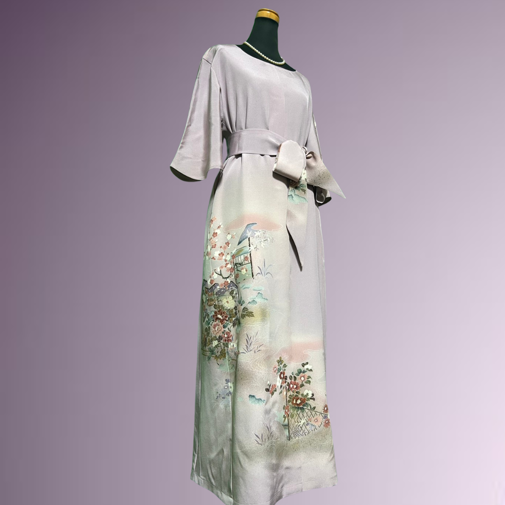 Iro-tomesode Kimono Dress with Gold Leaf, Floral Fence, and Flowing Water Pattern