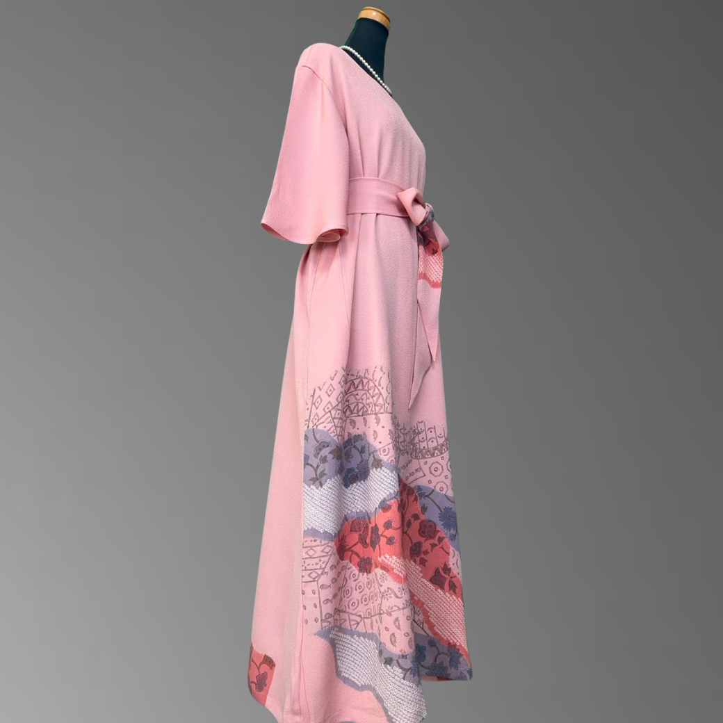 Iro-tomesode Kimono Dress with Partial Shibori and Oriental Motif