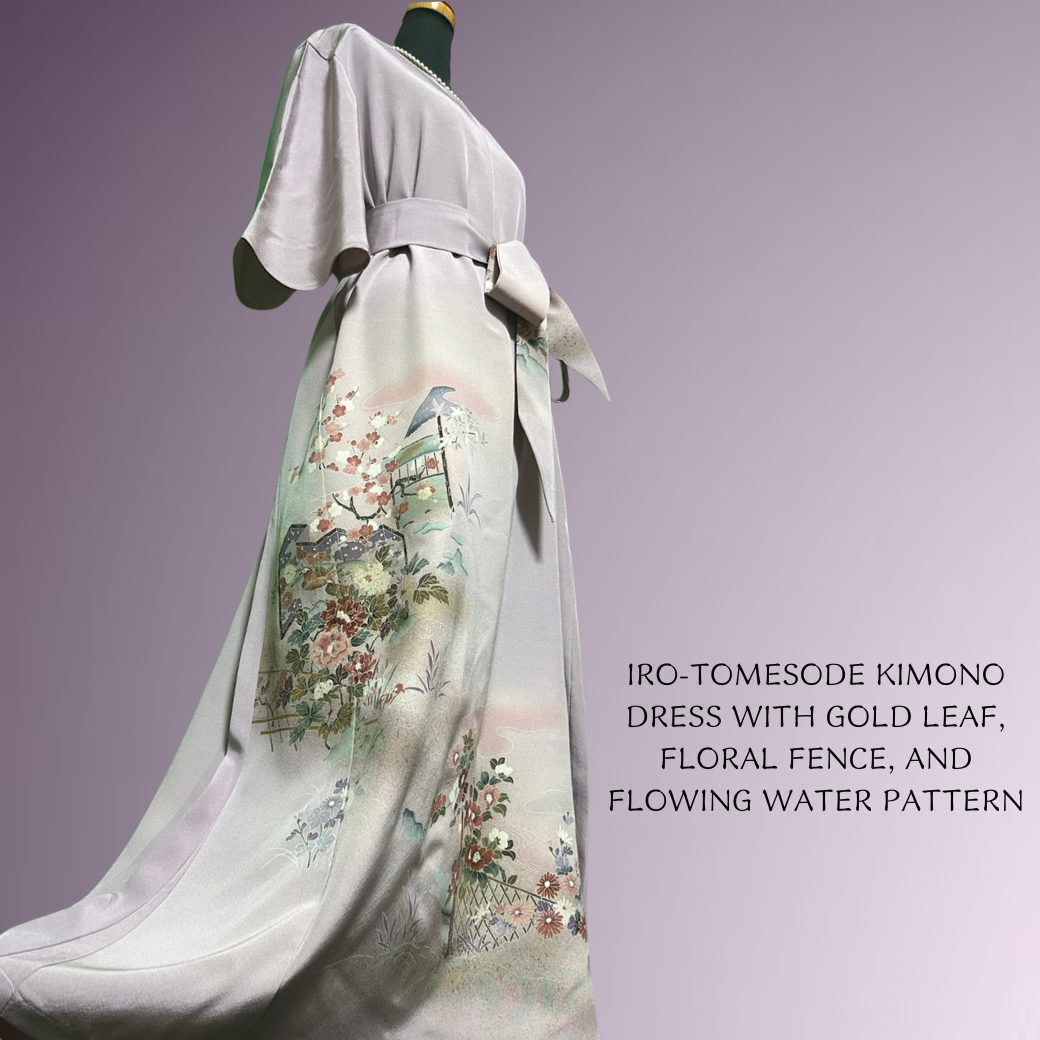 Iro-tomesode Kimono Dress with Gold Leaf, Floral Fence, and Flowing Water Pattern