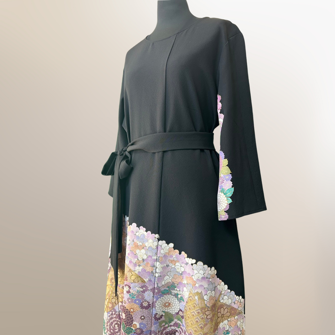 Kimono dress with origami crane and chrysanthemum pattern