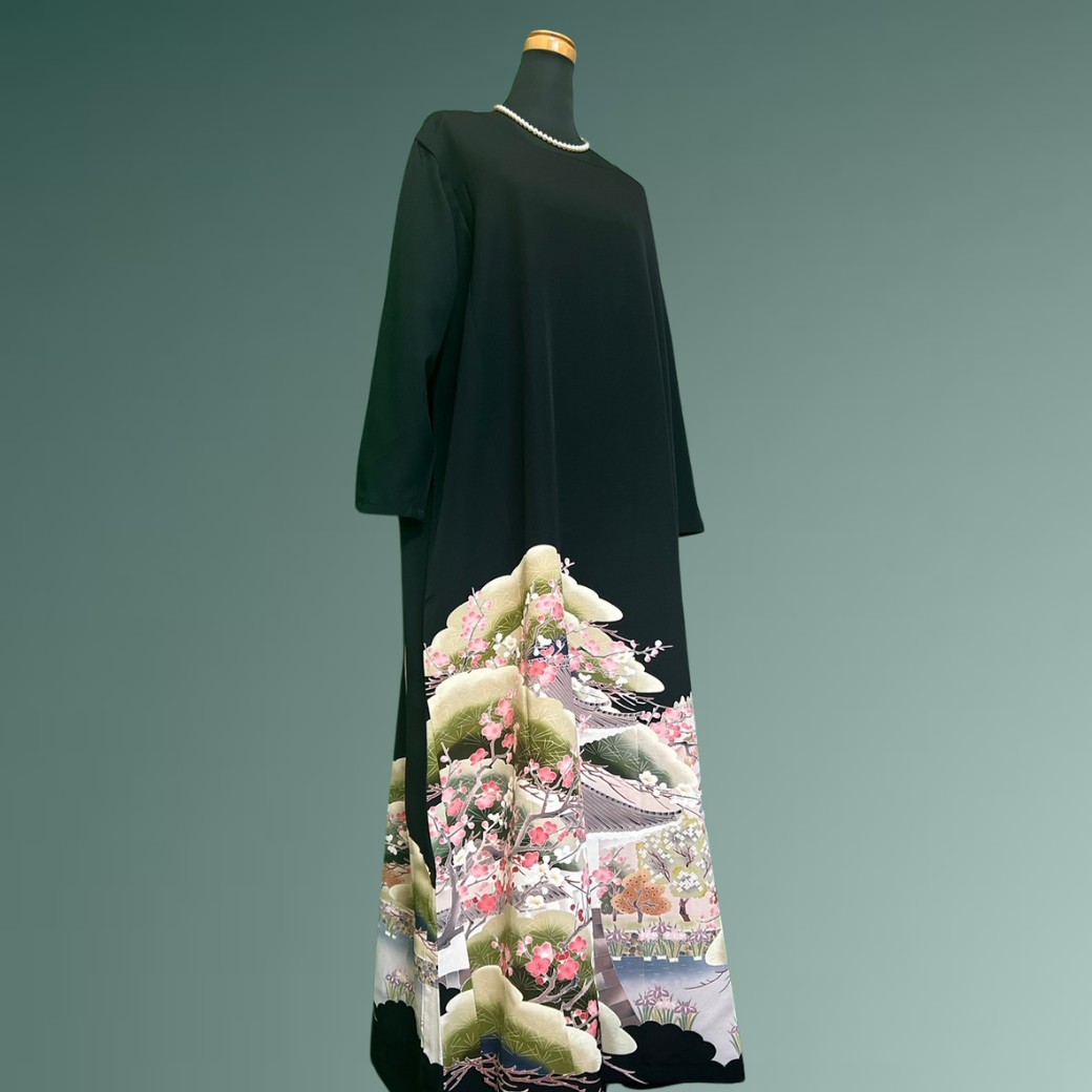 Black Ro Furisode Artisanal Plum and Nijo Castle Kimono Dress