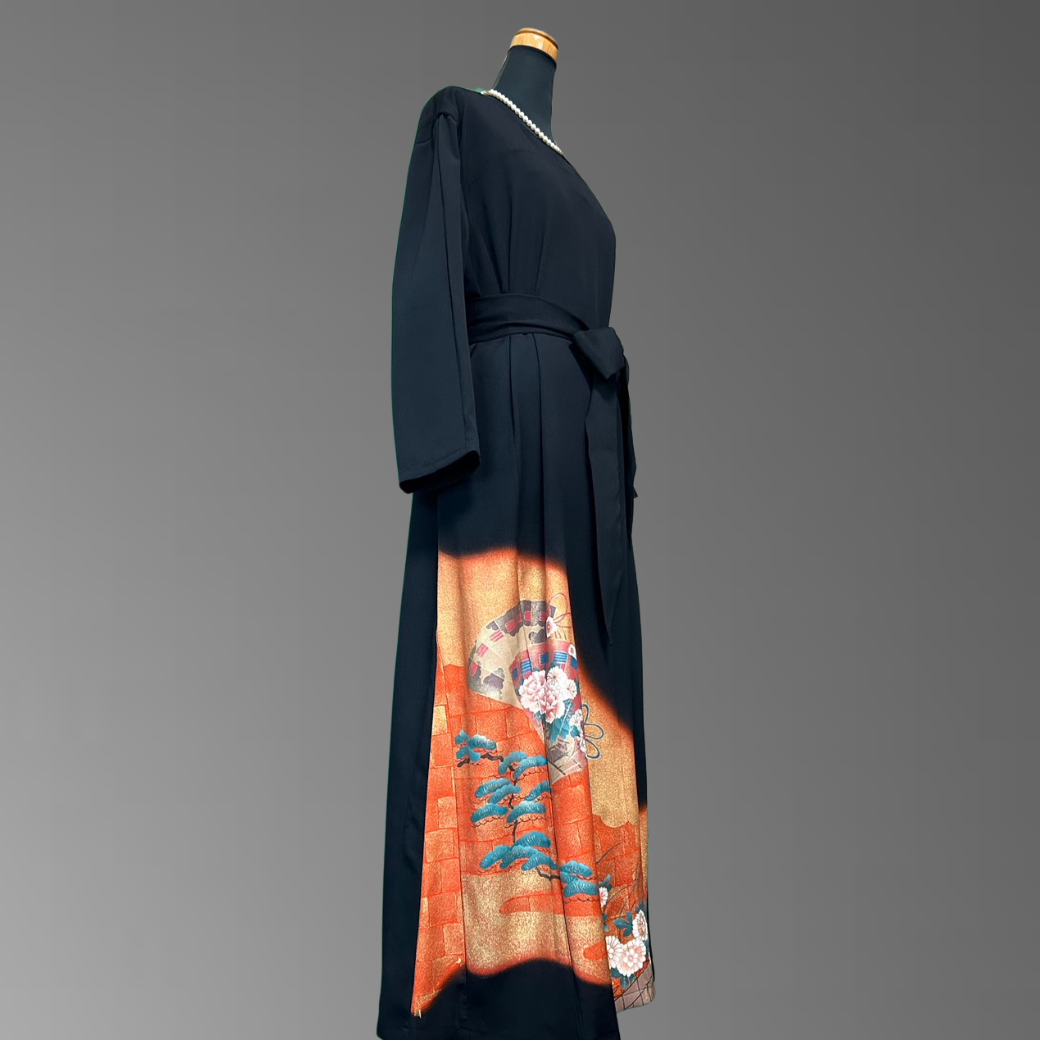 Kurotomesode Hioogi Pine and Chrysanthemum Pattern Kimono Dress