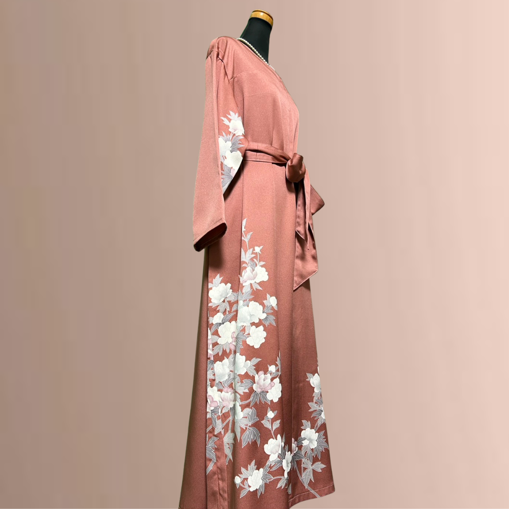 Houmongi Kimono Dress – Coral with White Blossoms