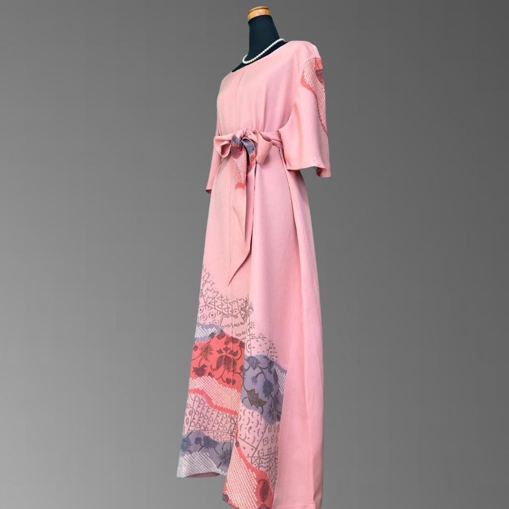 Iro-tomesode Kimono Dress with Partial Shibori and Oriental Motif