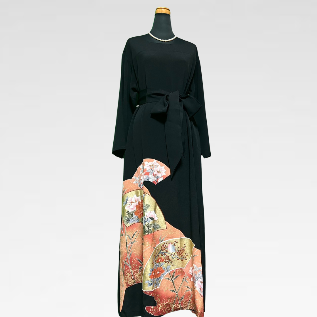 Black Ro Furisode Fan with Flowers and Birds Kimono Dress