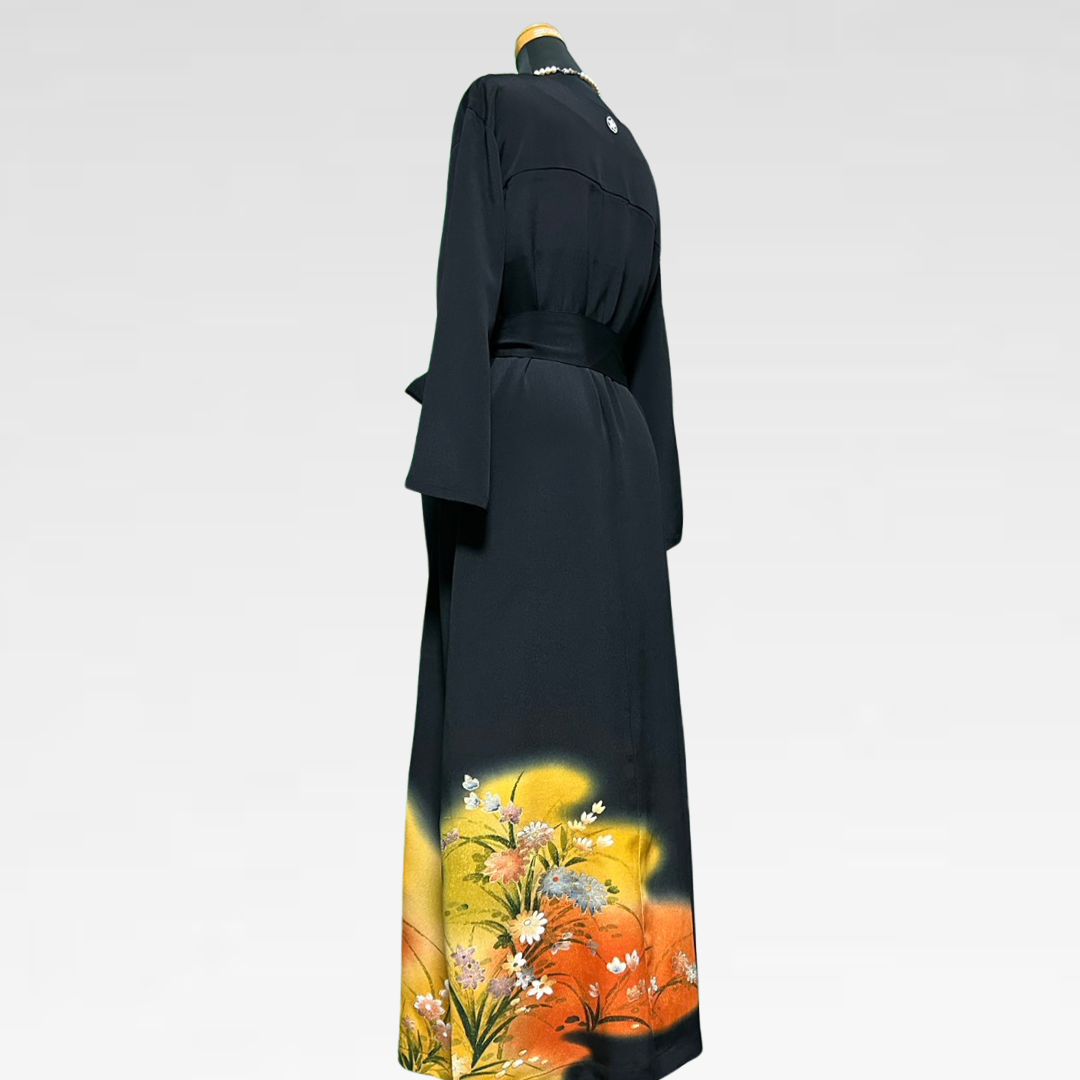 Black Ro Furisode Peacock Embroidery and Autumn Flowers Kimono Dress