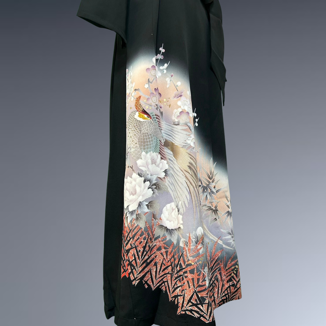 Black Ro Furisode Long-tailed Bird, Peony, and Plum Blossom Kimono Dress