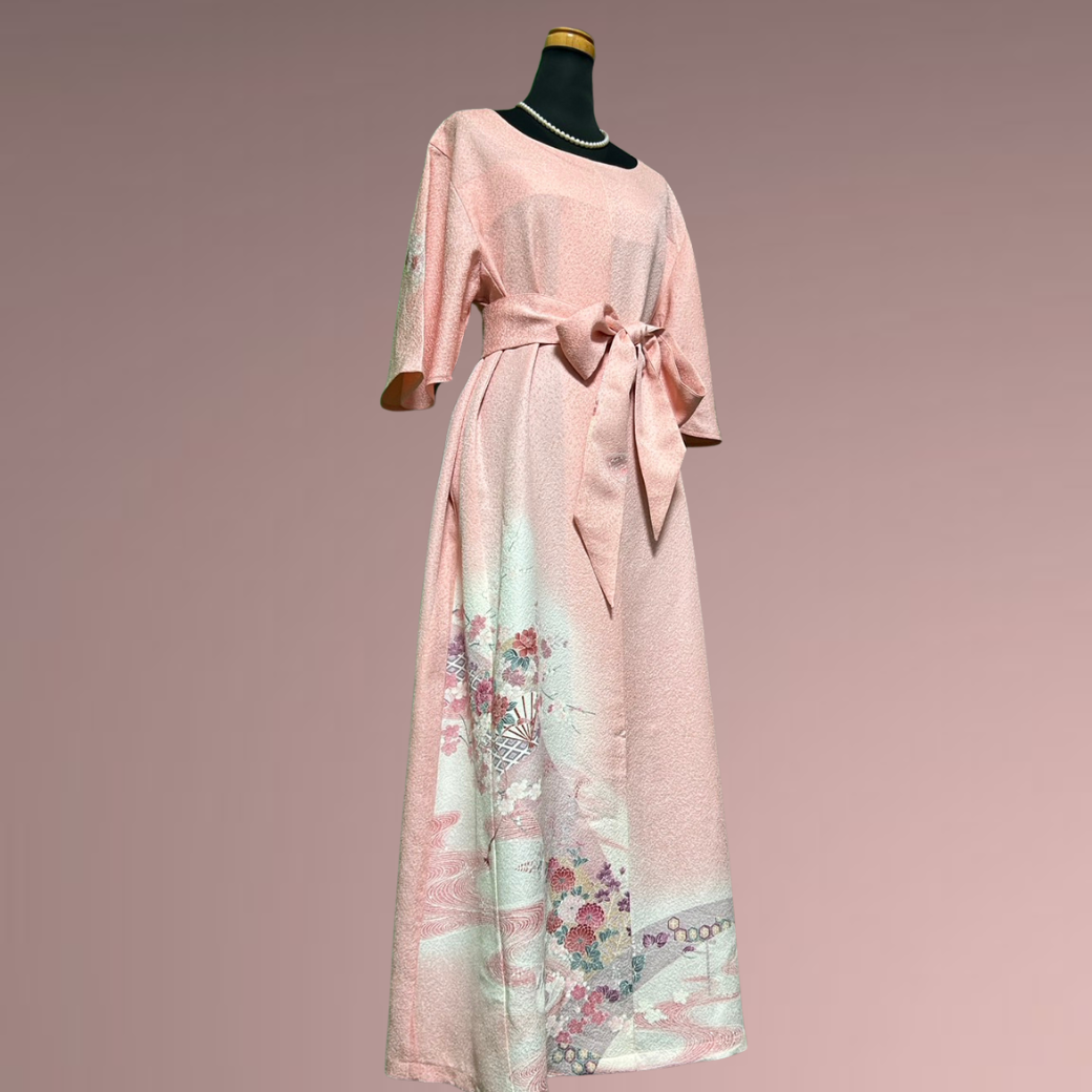 Tsukesage Kimono Dress with Dancing Fans and Flowing Water Pattern