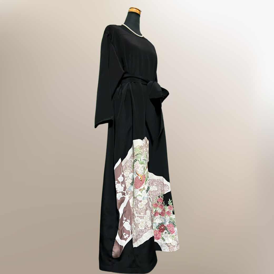 Black Ro Furisode Peacock, Peony, and Plum Blossom Pattern Kimono Dress