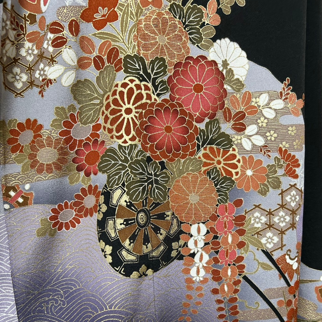 Black Ro Furisode Ripple Pattern and Flower Cart Kimono Dress