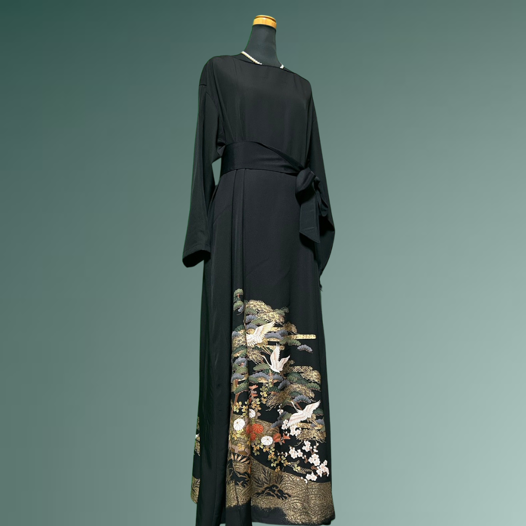 Black Ro Furisode Soaring Cranes and Pine, Bamboo, and Plum Kimono Dress