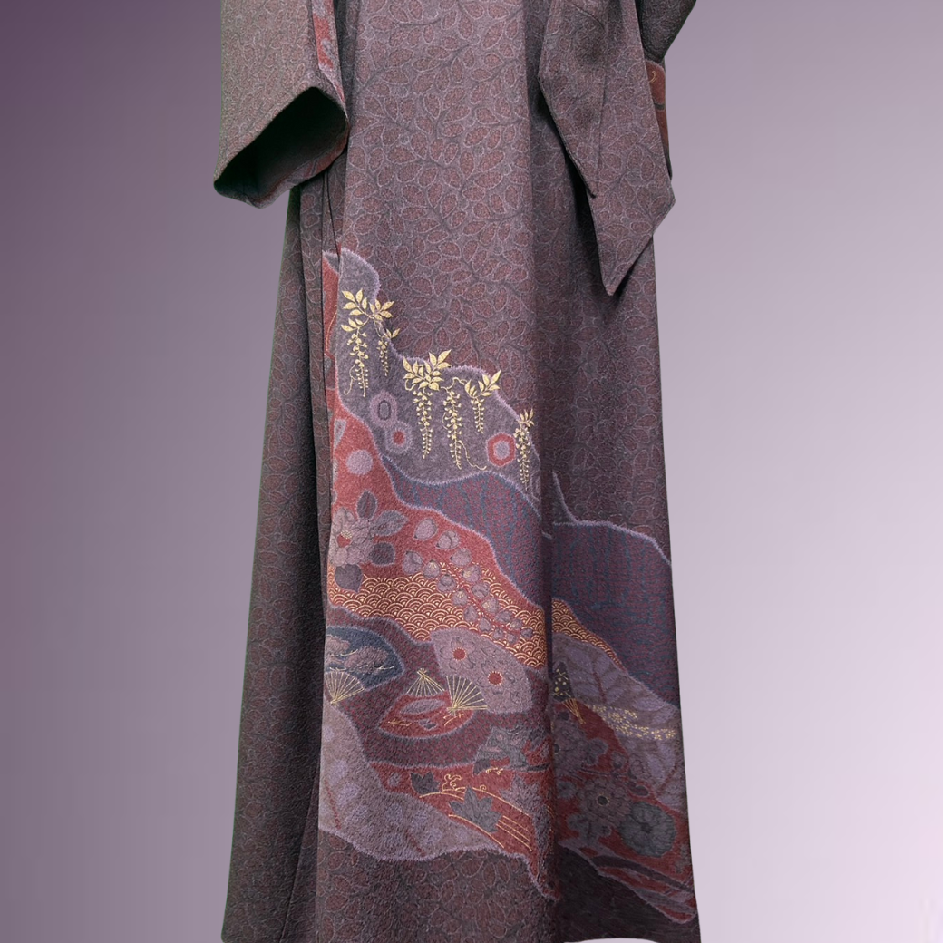Houmongi Kimono Dress – Michinaga Pattern with Fans & Flowers