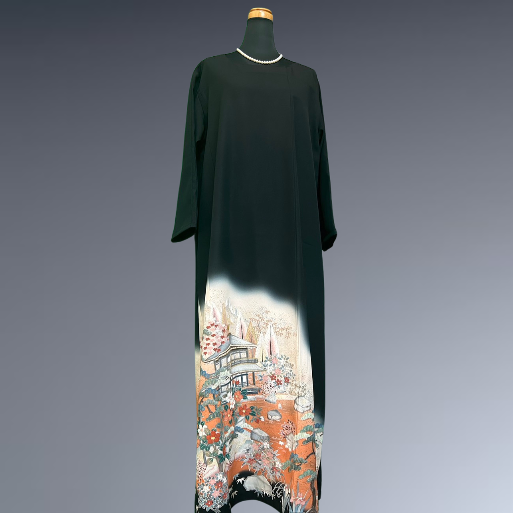 Black Ro Furisode Artisanal Silver Pavilion with Flowers Kimono Dress