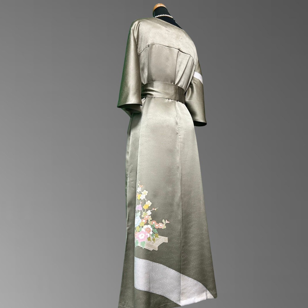 Tsukesage Kimono Dress with Floral and Small Boat Motif