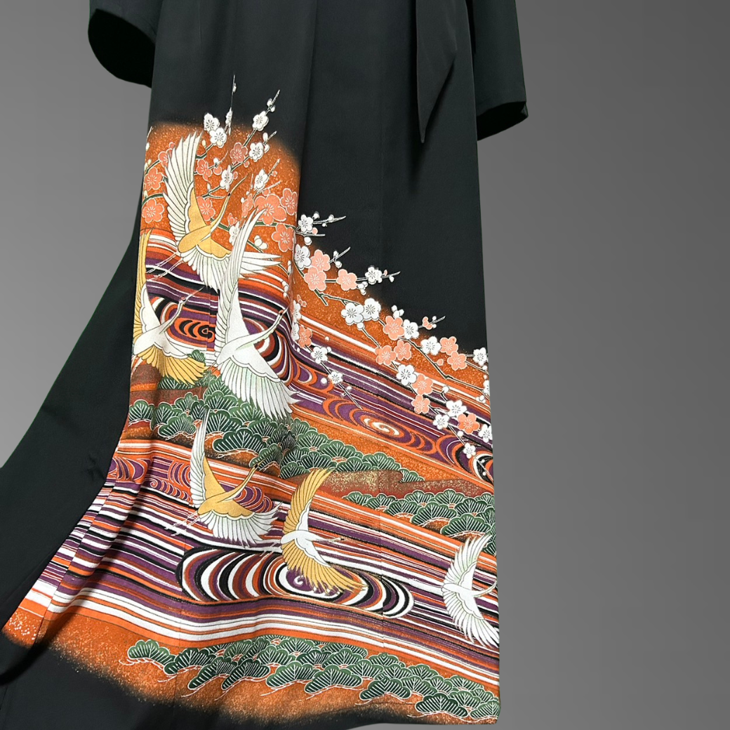 Black Ro Furisode Crane and Pine Plum Kimono Dress with Kabuki-Inspired Colors