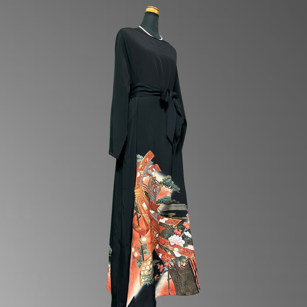 Black Ro Furisode Bridge Pattern with Gold Trimmed Nosh Kimono Dress