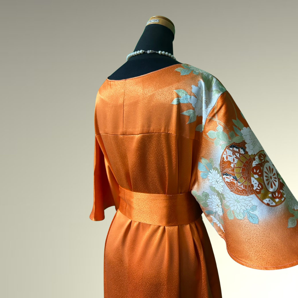 Furisode Kimono Dress with Embroidered Drum and Peony Motifs