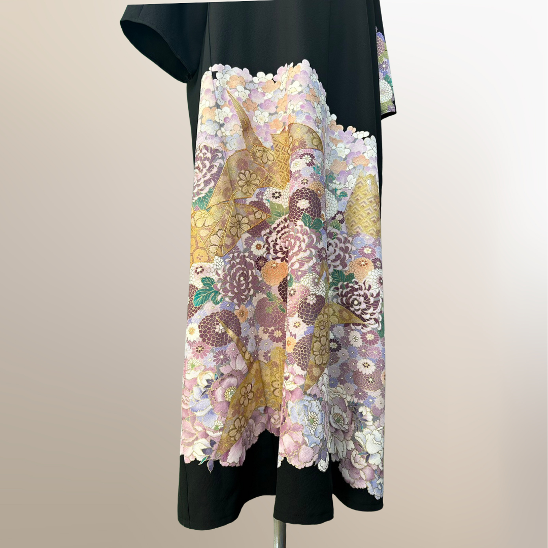 Kimono dress with origami crane and chrysanthemum pattern