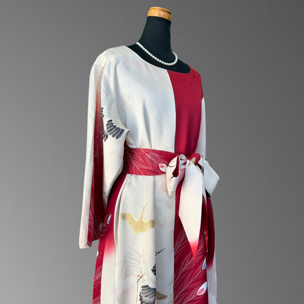 Furisode Crane and Peacock Feather Pattern Kimono Dress