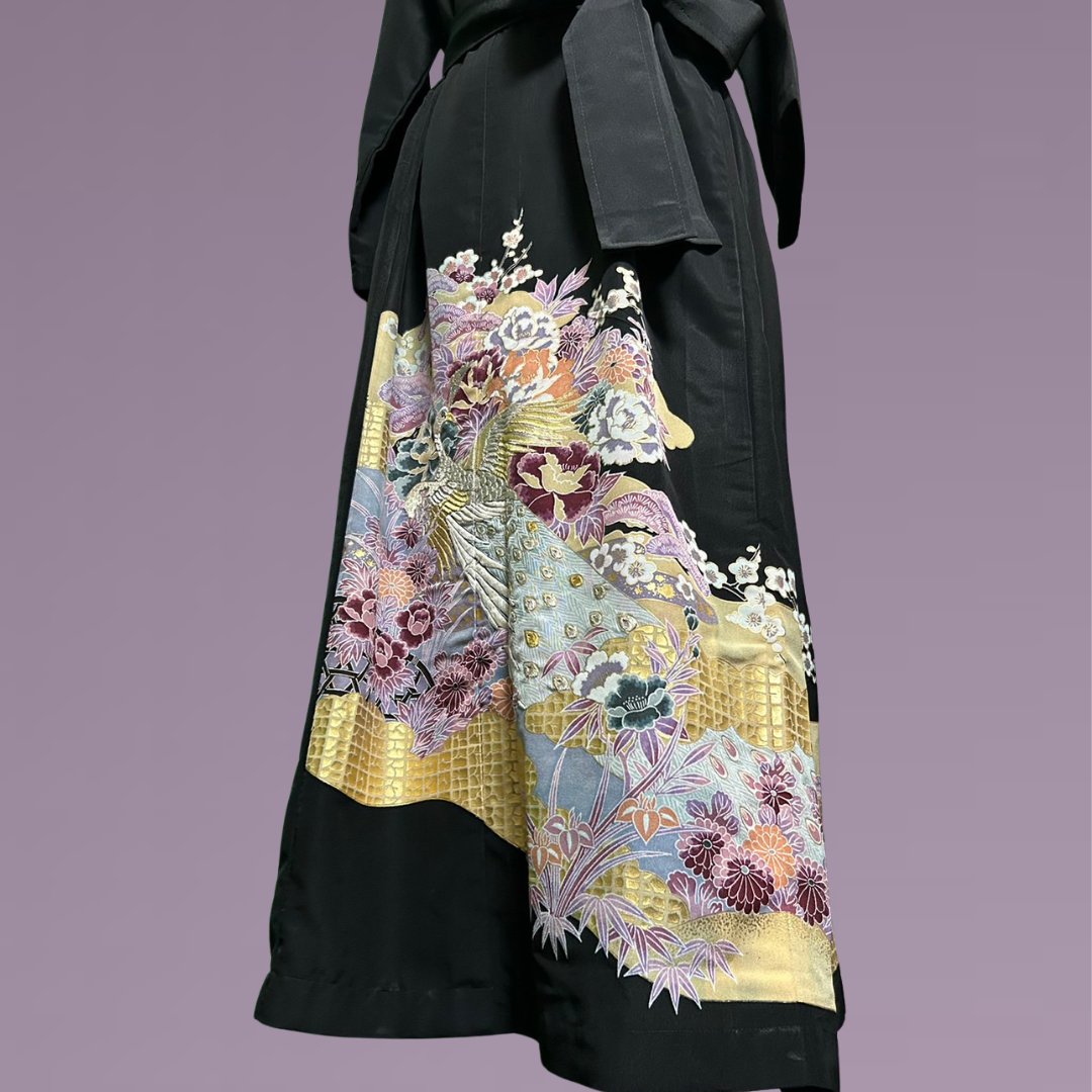 Kimono dress with phoenix and peony