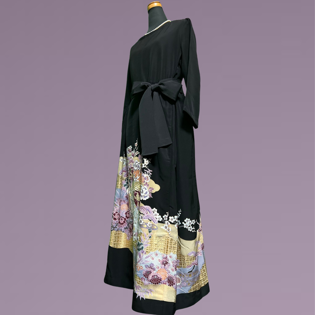 Kimono dress with phoenix and peony