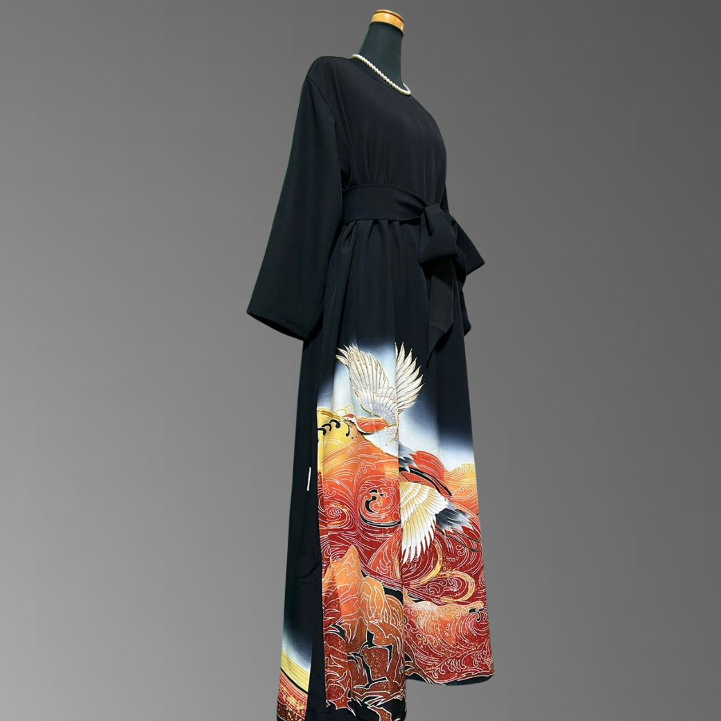 Black Ro Furisode Artisanal Crane and Ripple Pattern Kimono Dress