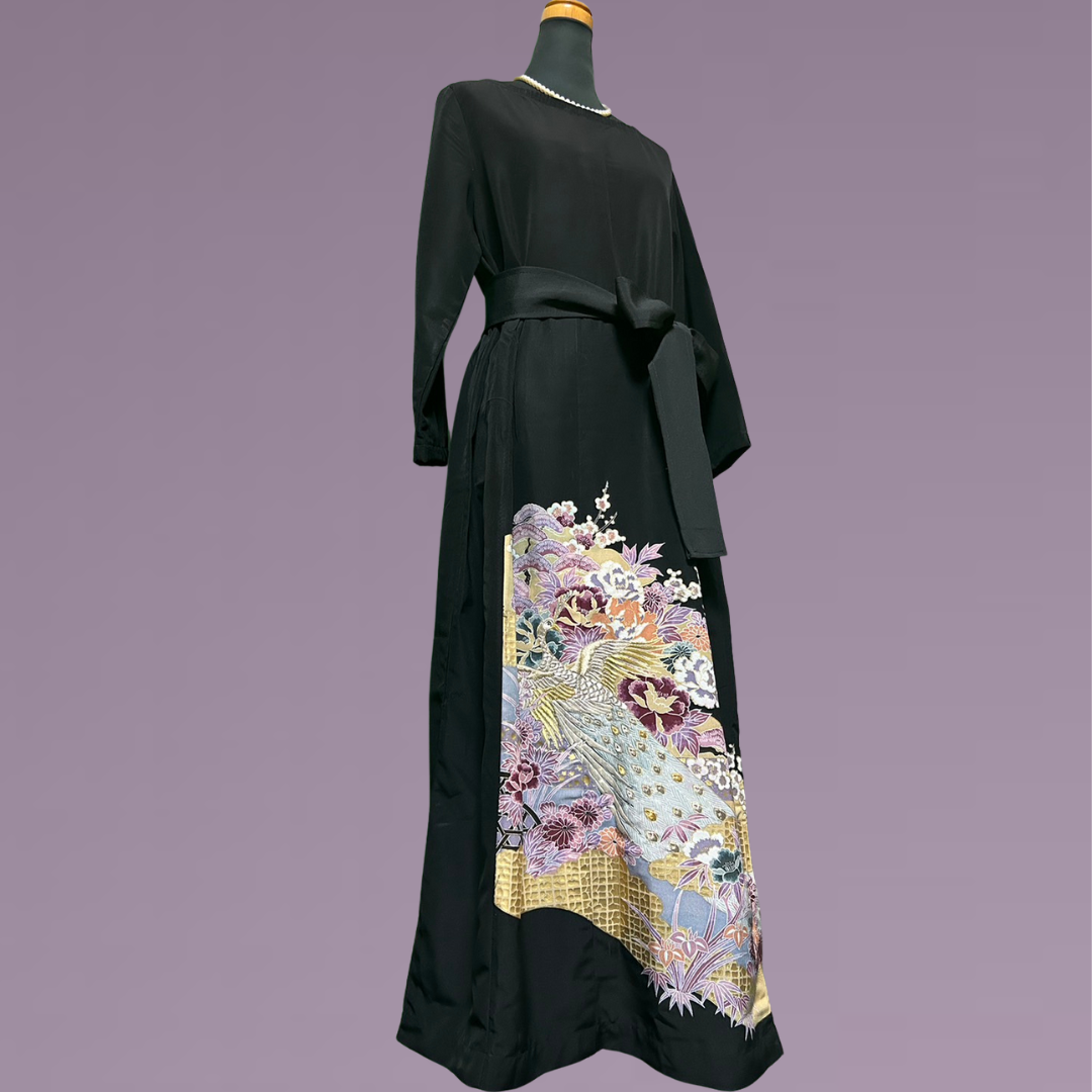 Kimono dress with phoenix and peony