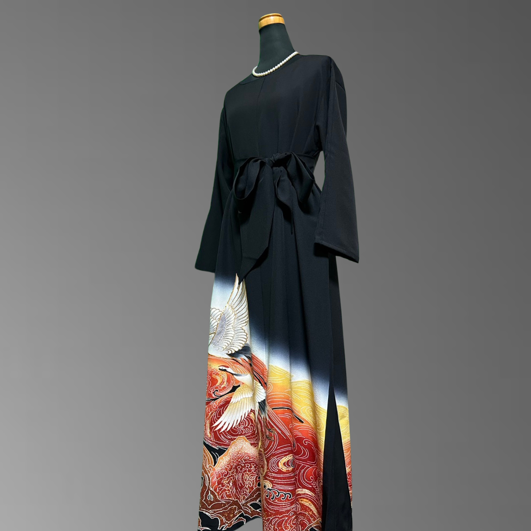 Black Ro Furisode Artisanal Crane and Ripple Pattern Kimono Dress