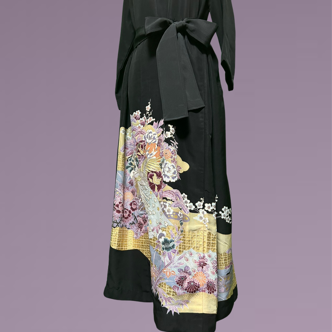 Kimono dress with phoenix and peony