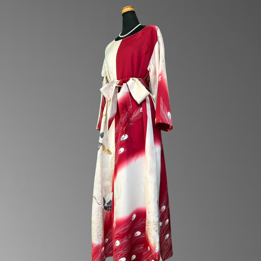 Furisode Crane and Peacock Feather Pattern Kimono Dress