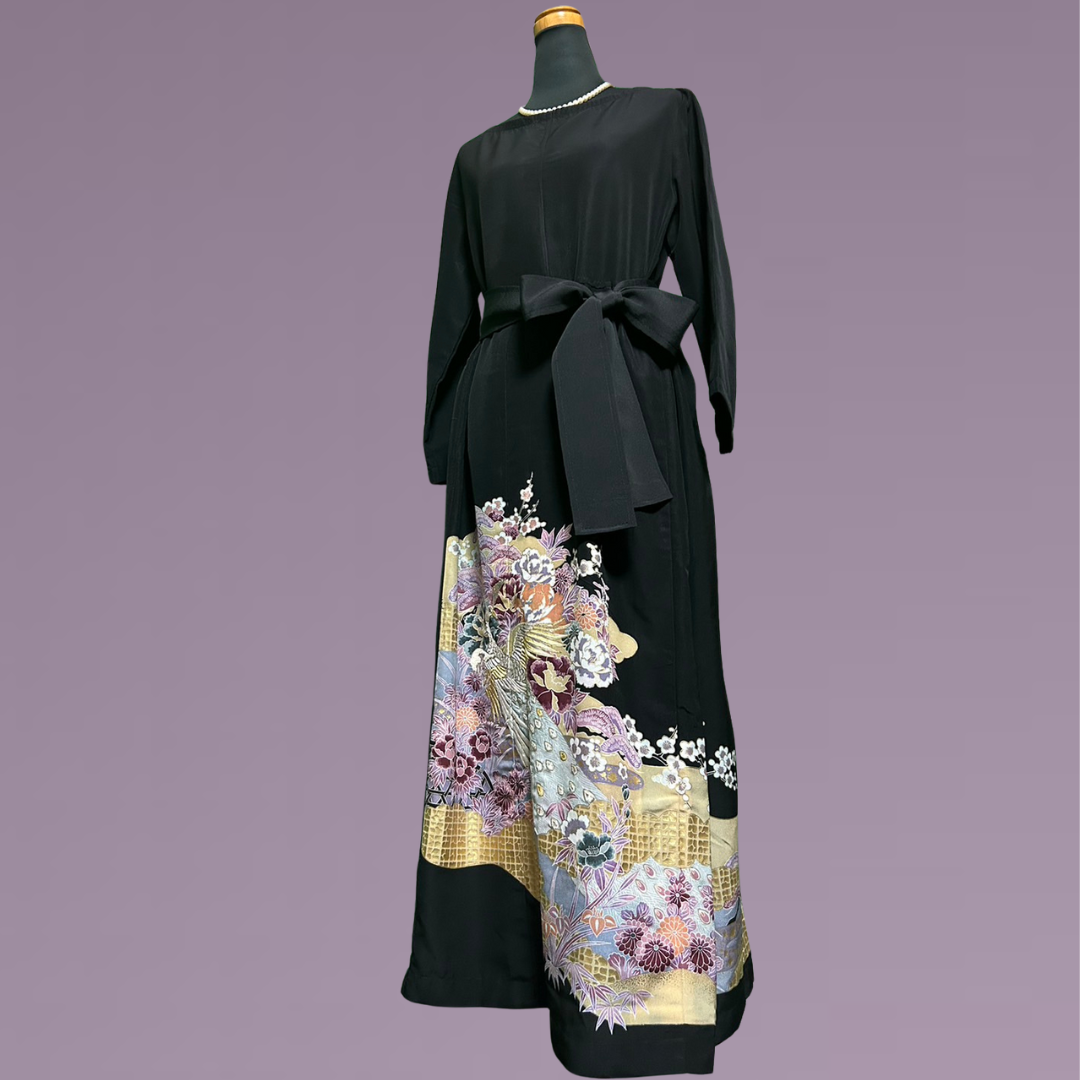 Kimono dress with phoenix and peony