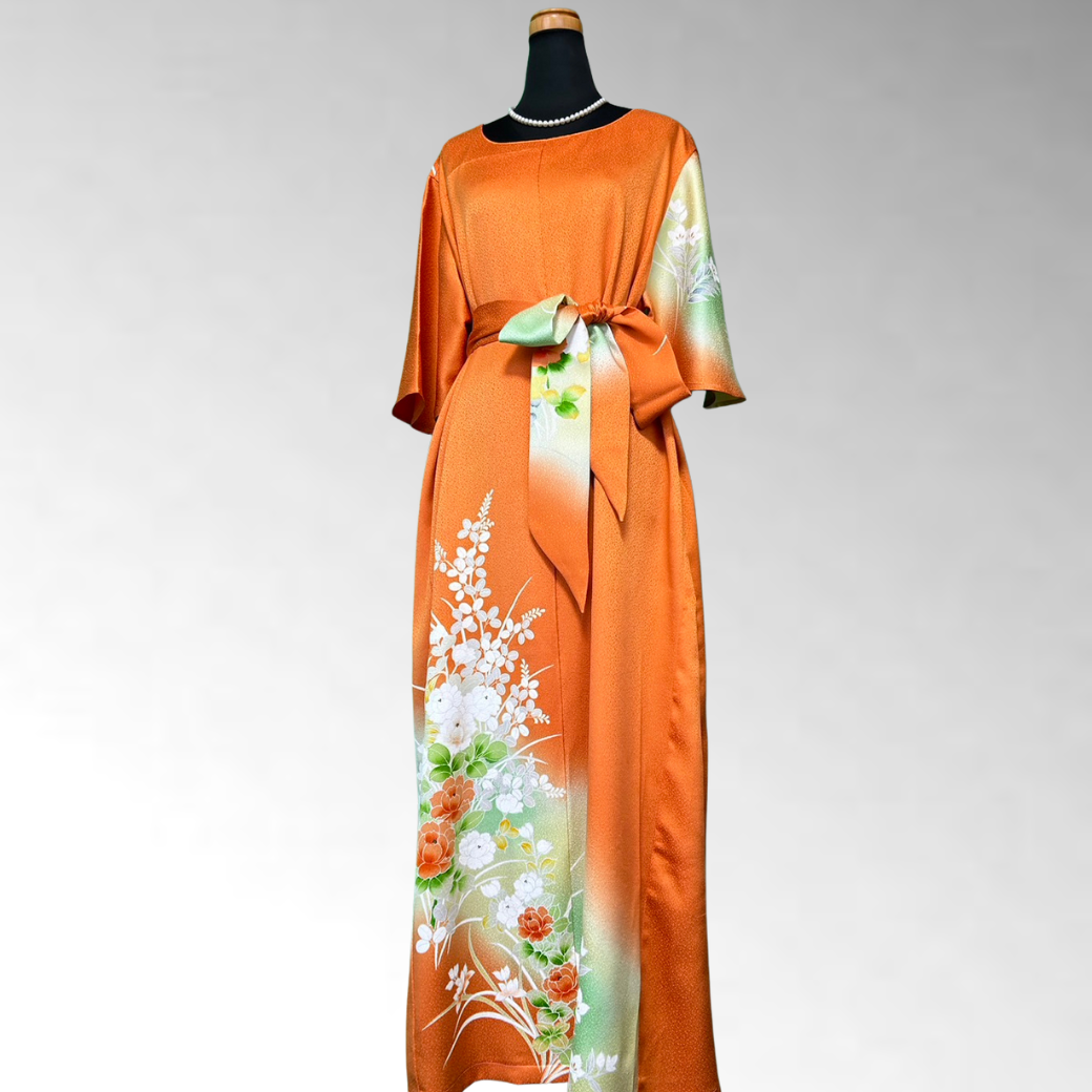 Tsukesage Peony, Hagi, and Bellflower Pattern Kimono Dress