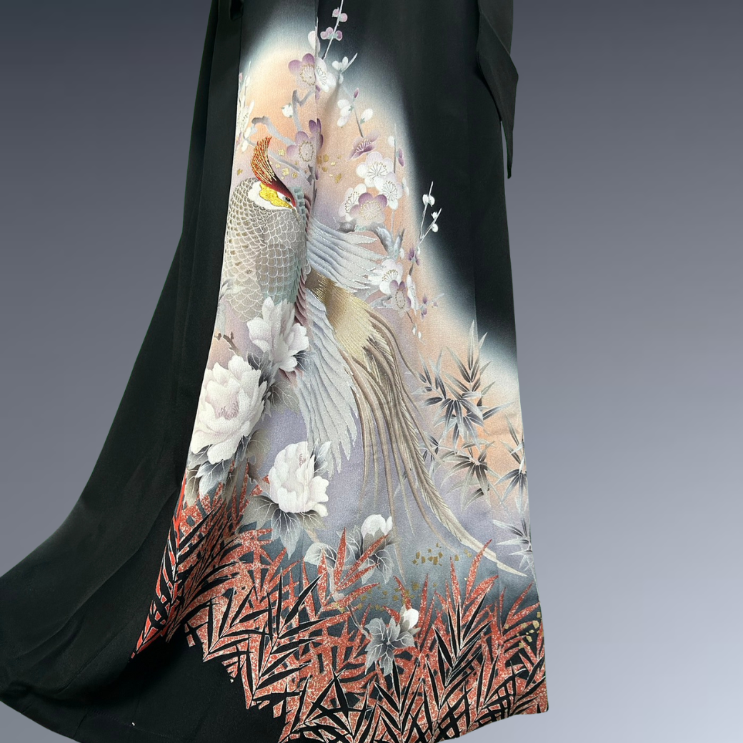 Black Ro Furisode Long-tailed Bird, Peony, and Plum Blossom Kimono Dress