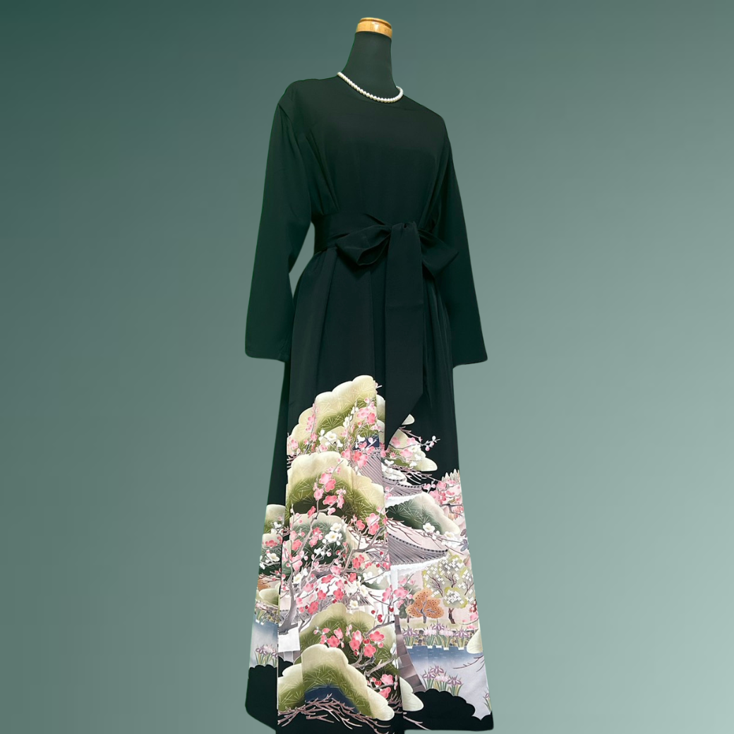 Black Ro Furisode Artisanal Plum and Nijo Castle Kimono Dress