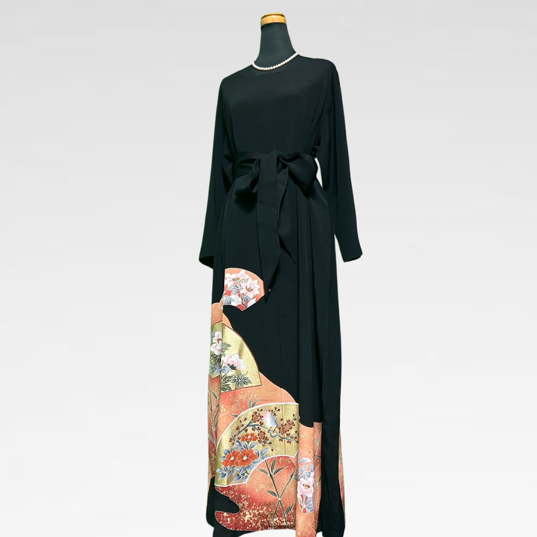 Black Ro Furisode Fan with Flowers and Birds Kimono Dress