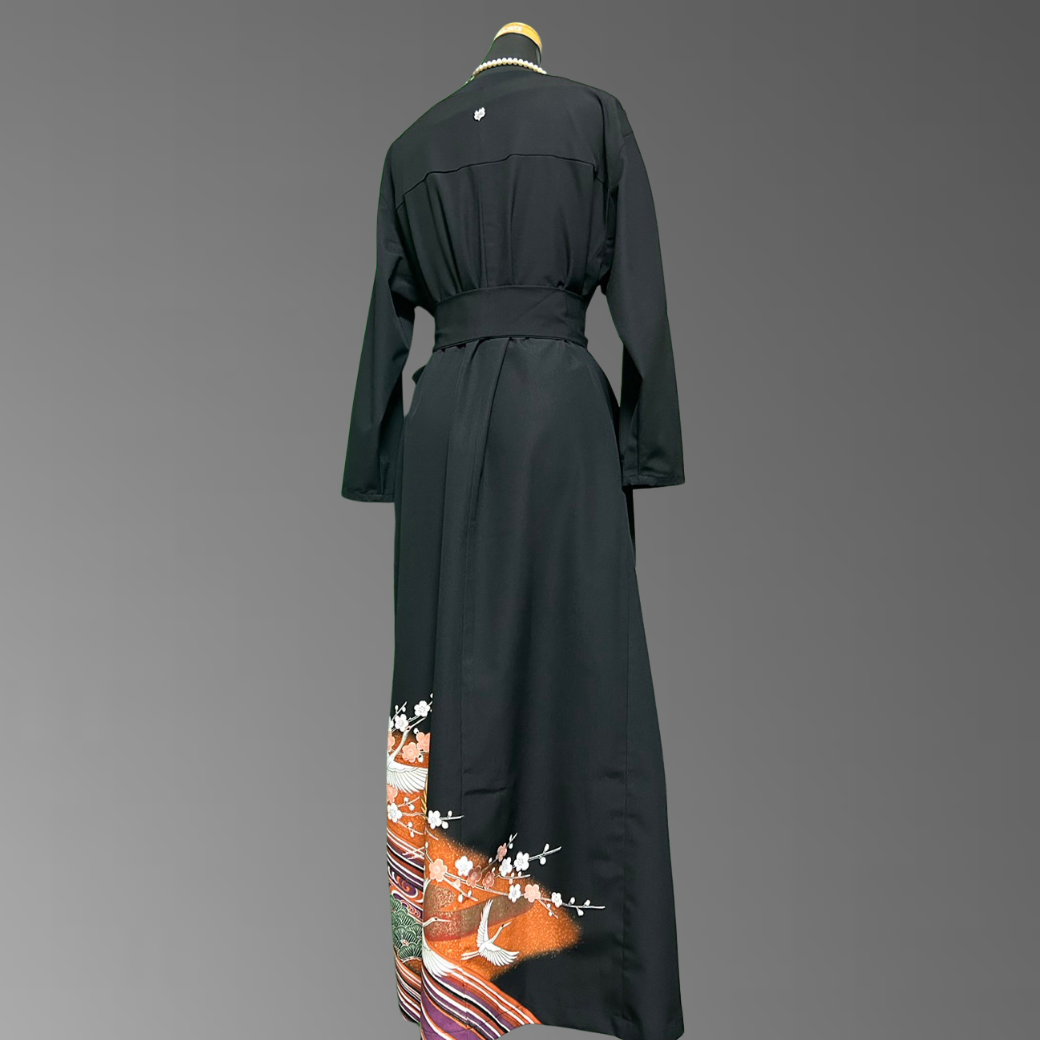 Black Ro Furisode Crane and Pine Plum Kimono Dress with Kabuki-Inspired Colors