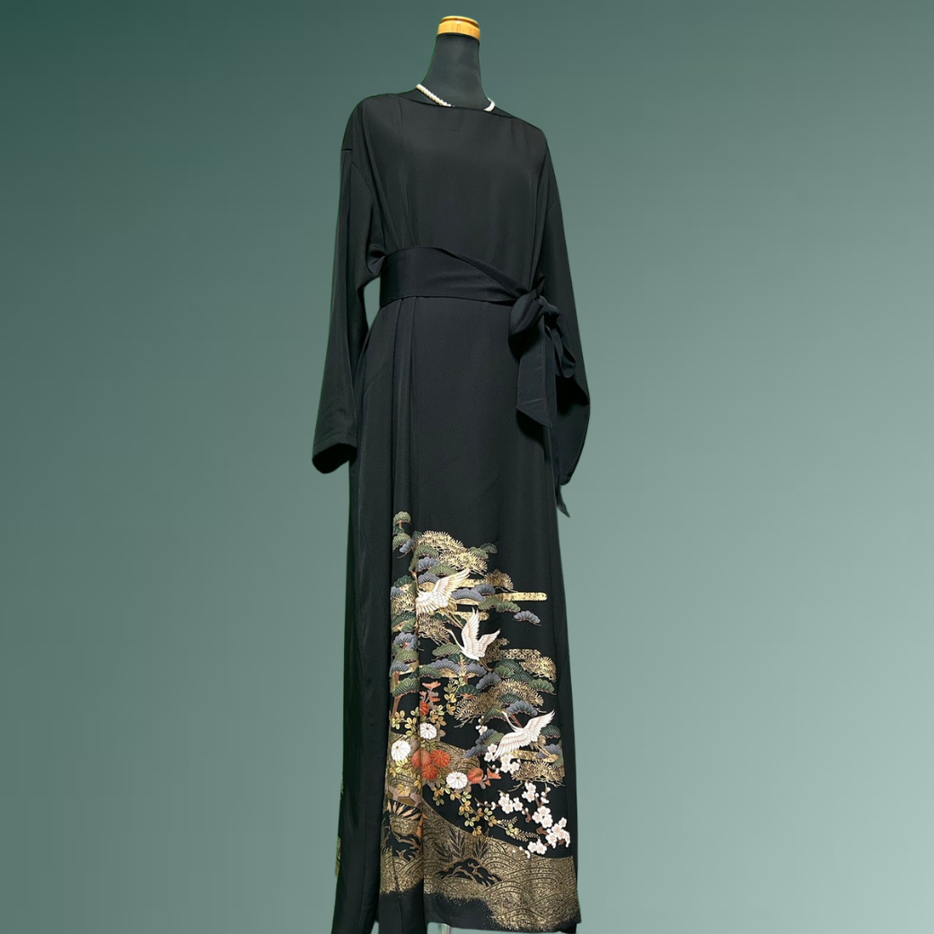 Black Ro Furisode Soaring Cranes and Pine, Bamboo, and Plum Kimono Dress