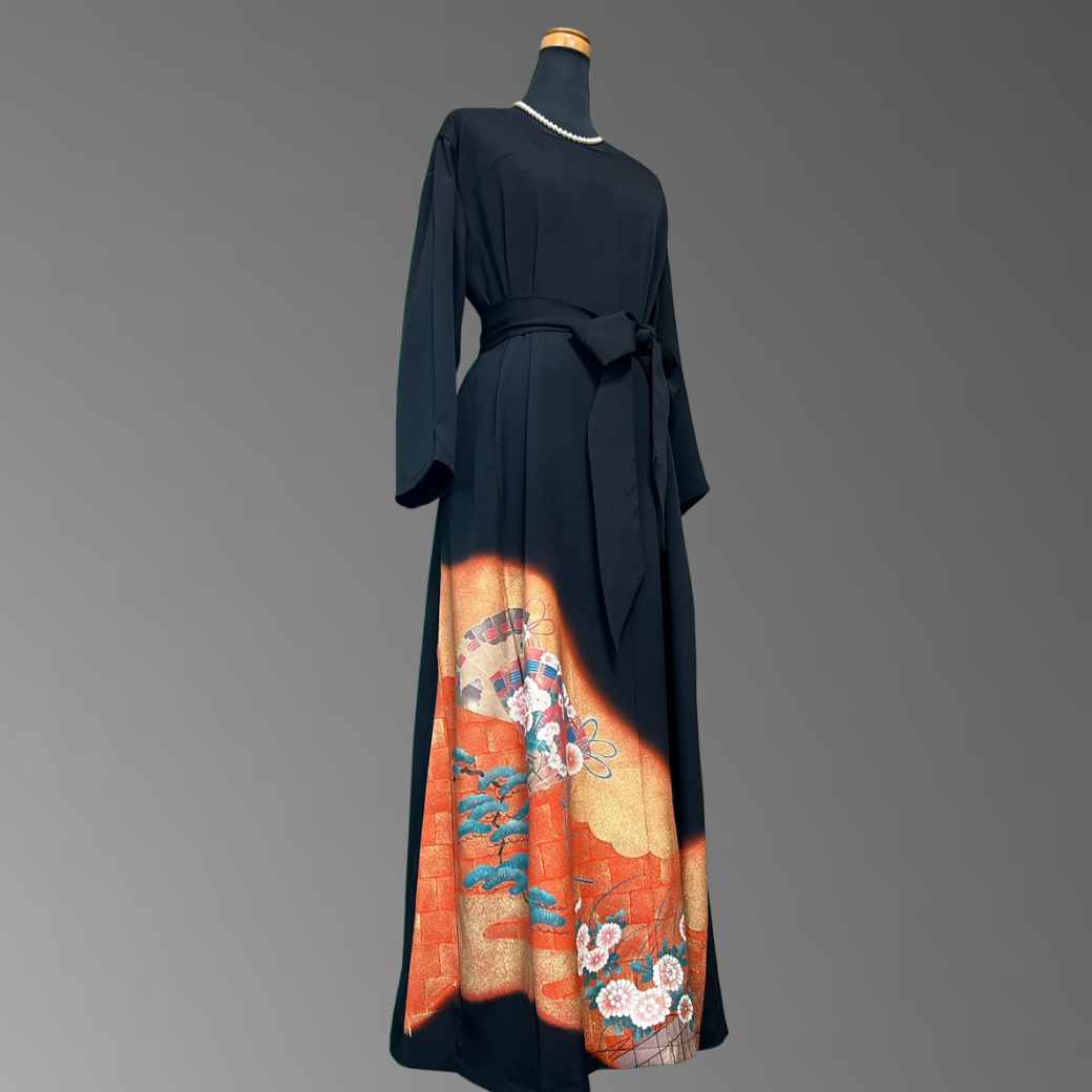 Kurotomesode Hioogi Pine and Chrysanthemum Pattern Kimono Dress