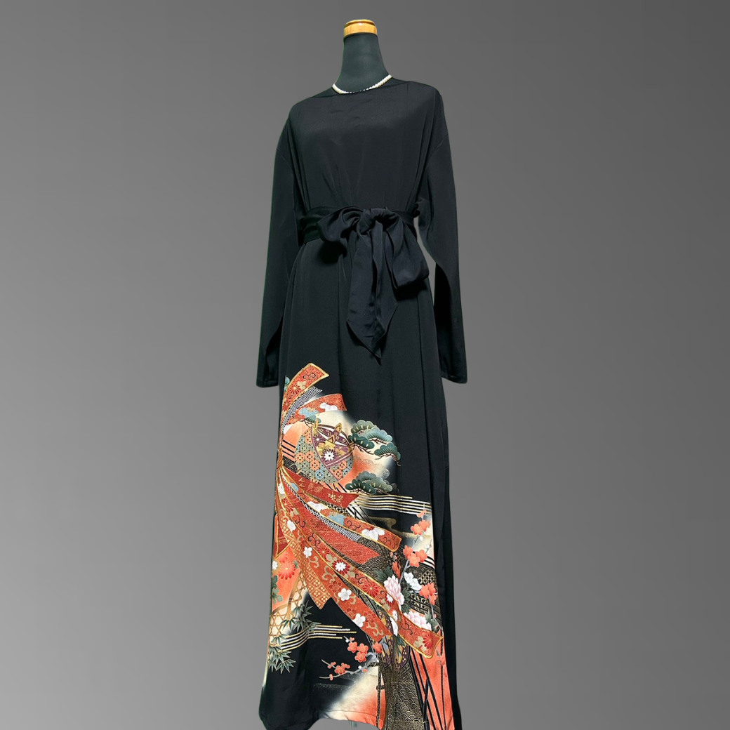 Black Ro Furisode Bridge Pattern with Gold Trimmed Nosh Kimono Dress