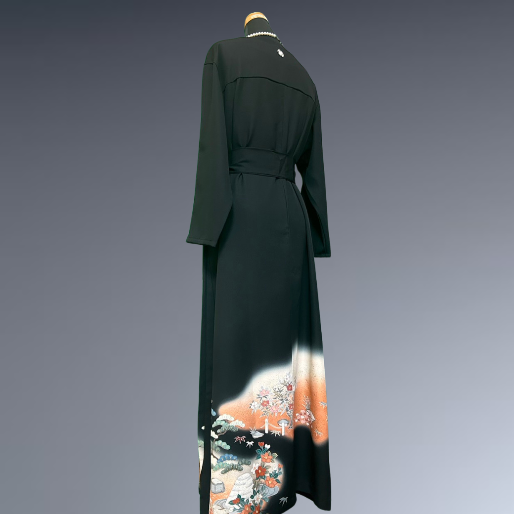 Black Ro Furisode Artisanal Silver Pavilion with Flowers Kimono Dress