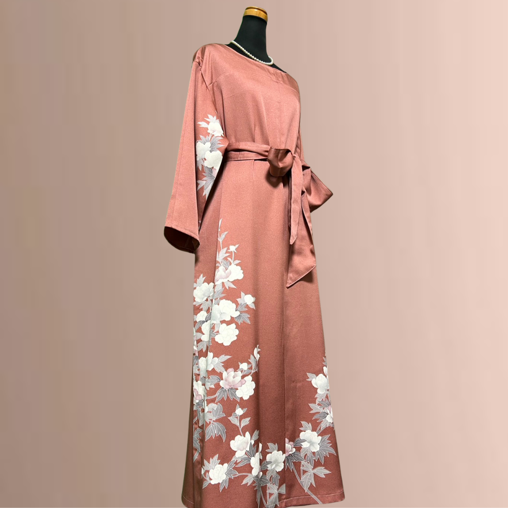Houmongi Kimono Dress – Coral with White Blossoms